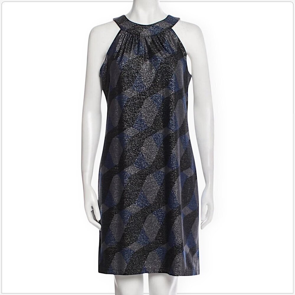Elie Tahari Briggite Metallic Shimmer Print Blue Gray Black Knit Shift Dress 2